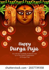 illustration of Goddess Durga Face in Happy Durga Puja Subh Navratri Indian religious header banner background