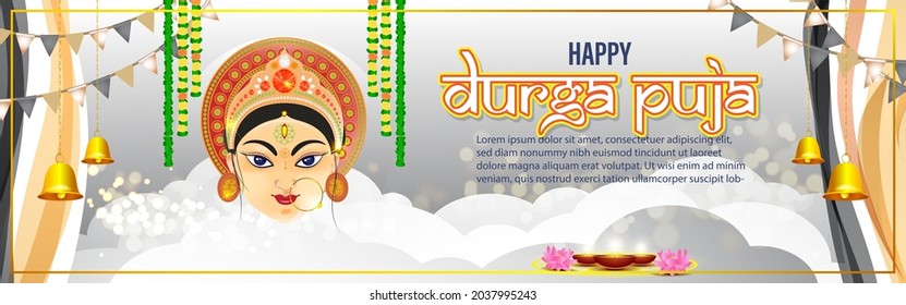 illustration of Goddess Durga Face in Happy Durga Puja Subh Navratri abstract background with text Durga puja means Durga Puja