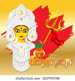 illustration of Goddess Durga Face in Happy Durga Puja Subh Navratri abstract background, written text means Durga Puja