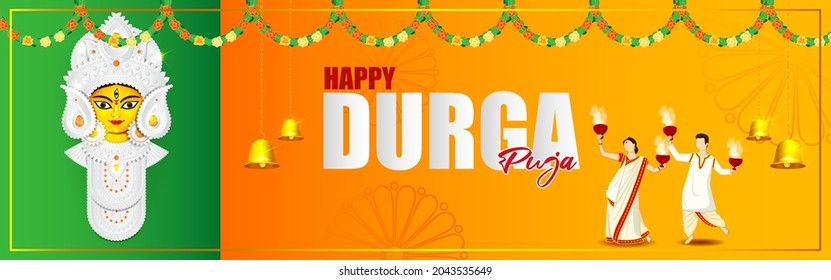illustration of Goddess Durga Face in Happy Durga Puja, Subh Navratri abstract background, the written text means Durga Puja