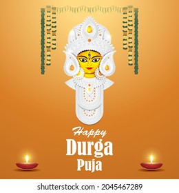 illustration of Goddess Durga Face in Happy Durga Puja, Subh Navratri abstract background, the written text means Durga Puja