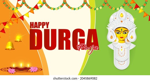 illustration of Goddess Durga Face in Happy Durga Puja, Subh Navratri abstract background, the written text means Durga Puja
