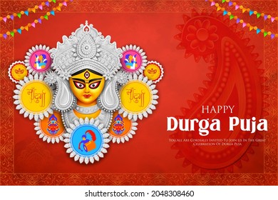 illustration of Goddess Durga Face in Happy Durga Puja Subh Navratri Indian religious header banner background