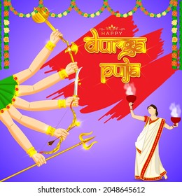 illustration of Goddess Durga Face in Happy Durga Puja Subh Navratri abstract background with text Durga puja