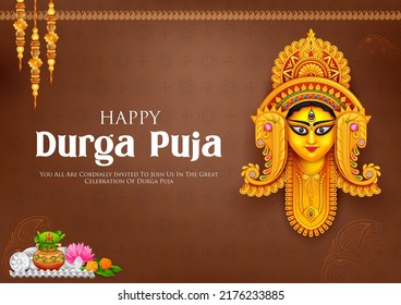 illustration of Goddess Durga Face in Happy Durga Puja Subh Navratri Indian religious header banner background