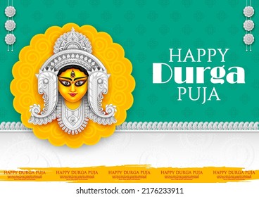 illustration of Goddess Durga Face in Happy Durga Puja Subh Navratri Indian religious header banner background
