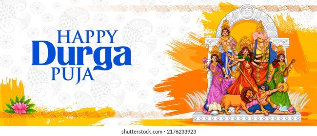 illustration of Goddess Durga Face in Happy Durga Puja Subh Navratri Indian religious header banner background