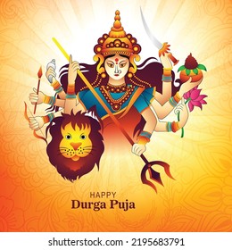 Illustration of goddess durga face in happy durga puja subh navratri background