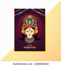 Illustration of goddess durga face in happy durga puja brochure design