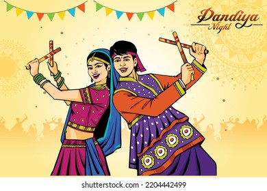 illustration of Goddess Durga Face For Happy Navratri, Couple Playing Garba and Dandiya in Navratri Celebration and Disco Night