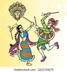 Illustration of Goddess Durga Face for Happy Navratri, Couple Playing Garba and Dandiya in Navratri Celebration and Disco Night