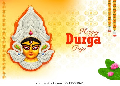 illustration of Goddess Durga Face in Happy Durga Puja Subh Navratri Indian religious header banner background