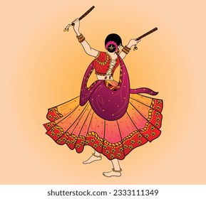 illustration of Goddess Durga Face For Happy Navratri, Couple Playing Garba and Dandiya in Navratri Celebration and Disco Night