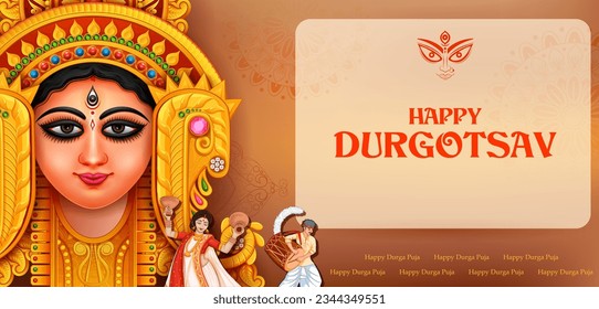 illustration of Goddess Durga Face in Happy Durga Puja Subh Navratri Indian religious festival background