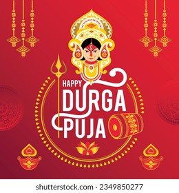 illustration of Goddess Durga Face in Happy Durga Puja Shubh Navratri Indian religious banner background