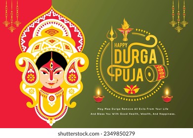 illustration of Goddess Durga Face in Happy Durga Puja Shubh Navratri Indian religious banner background