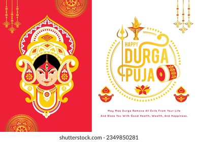 illustration of Goddess Durga Face in Happy Durga Puja Shubh Navratri Indian religious banner background