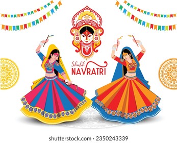 illustration of Goddess Durga Face For Happy Navratri, Couple Playing Garba and Dandiya in Navratri Celebration.