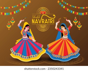 illustration of Goddess Durga Face For Happy Navratri, Couple Playing Garba and Dandiya in Navratri Celebration.