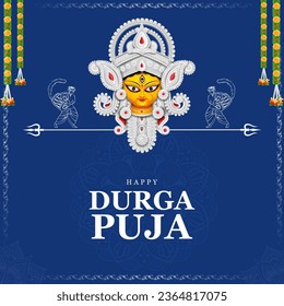 illustration of Goddess Durga Face in Happy Durga Puja Subh Navratri Indian religious festival background