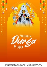 illustration of Goddess Durga Face in Happy Durga Puja Subh Navratri Indian religious festival background