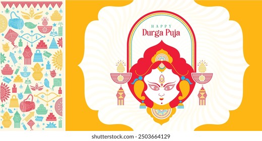 illustration of Goddess Durga Face in Happy Durga Puja Shubh Navratri Indian religious banner background