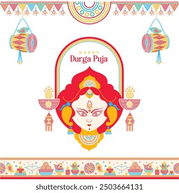 illustration of Goddess Durga Face in Happy Durga Puja Shubh Navratri Indian religious banner background