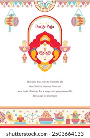 Illustration von Göttin Durga Gesicht in Happy Durga Puja Shubh Navratri indischen religiösen Banner Hintergrund