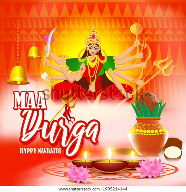 illustration of Goddess Durga Face in Happy Durga\
Puja Subh Navratri, maa, abstract background with text Durga puja\
means Durga Puja