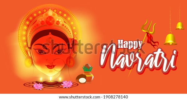 illustration of Goddess Durga Face in Happy Durga\
Puja, Subh Navratri, maa, abstract background with text Durga puja\
means Durga Puja