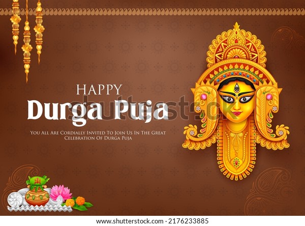 illustration of\
Goddess Durga Face in Happy Durga Puja Subh Navratri Indian\
religious header banner\
background
