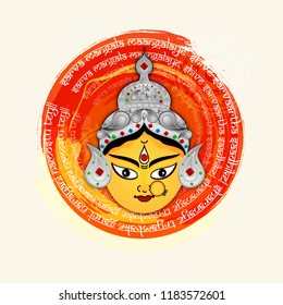 Illustration of Goddess Durga Face With Mantra Background Design For Durga Puja.