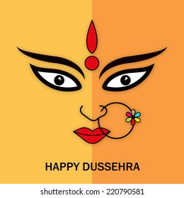 Illustration of Goddess Durga face wearing nose ring with stylish text on double coloured background.