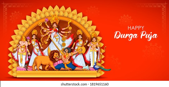 illustration of Goddess Durga with family including Lord Ganesha, Lakshmi, Saraswati and Kartike in Happy Durga Puja Subh Navratri Indian religious banner background