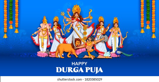 illustration of Goddess Durga with family including Lord Ganesha, Lakshmi, Saraswati and Kartike in Happy Durga Puja Subh Navratri Indian religious header banner background