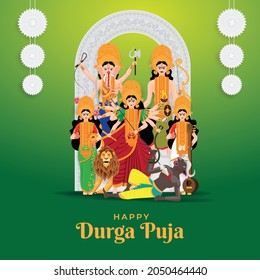 illustration of Goddess Durga with family including Lord Ganesha, Lakshmi, Saraswati, and Kartikeya in Happy Durga Puja Subh Navratri with Green Background