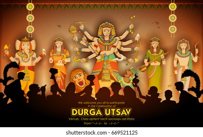 illustration of Goddess Durga and family statue in Subho Bijoya (Happy Dussehra) background
