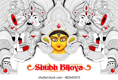 illustration of goddess Durga in festival background with bengali text meaning Subh Bijoya (Happy Dussehra)