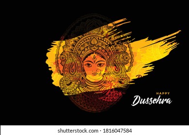 illustration of Goddess Durga in Happy Dussehra background Beautiful Maa Durga Face with Floral Vector hand drawing 