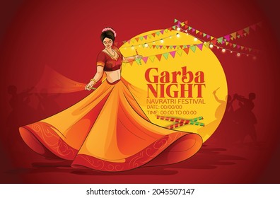 illustration of Goddess Durga for Happy Navratri festival,  Couple Playing Dandiya, Garba Night in Navratri Celebration 