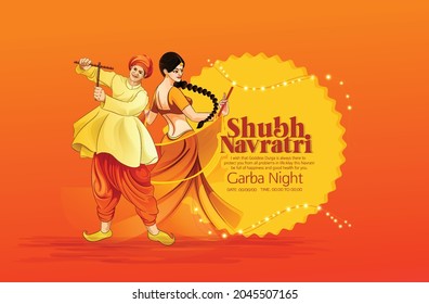 illustration of  Goddess Durga for Happy Navratri festival,  Couple Playing Dandiya, Garba Night in Navratri Celebration  svg