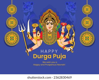 Illustration of Goddess Durga in Happy Durga Puja Shubh Navratri Indian Festival Template