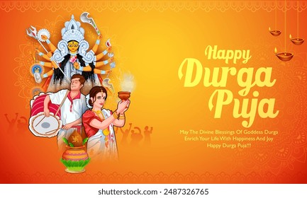 illustration of Goddess Durga in Happy Durga Puja Subh Navratri Indian religious background design