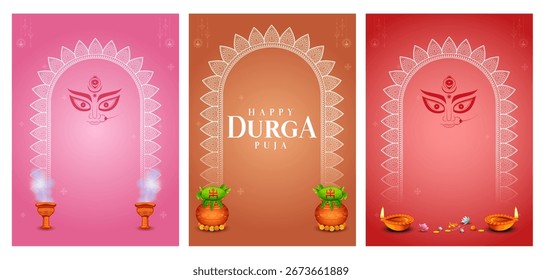 illustration of Goddess Durga in Happy Durga Puja Subh Navratri Indian religious background design for Promotion Offer Sale Banner