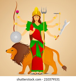Ilustración de la diosa Durga con sus seis manos con armas en cada león.