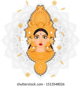 Ilustração do rosto da Deusa Durga Maa com moedas decoradas no fundo padrão mandala.