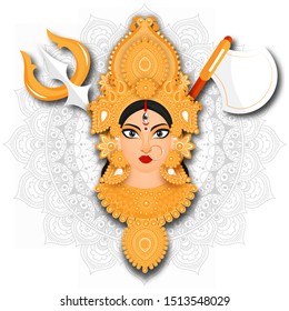 Illustration of Goddess Durga Maa face with weapon on mandala pattern background.
