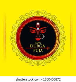 Ilustración de la diosa Durga Maa Face o Mnemotécnica con la decoración de Mandala sobre el fondo amarillo para la celebración del Festival Religioso Indio Feliz Durga Puja, Navaratri.