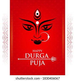 Illustration of Goddess Durga Maa Face or Mnemonic with on red background for Celebration of Religious Festival Happy Durga Puja, Navaratri.