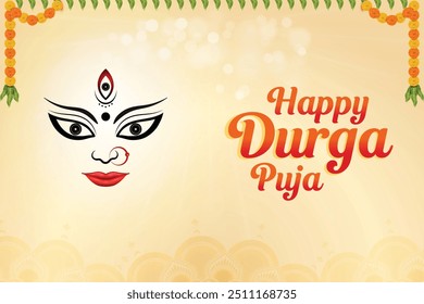 Illustration of Goddess Durga on Beige Background With Marigold Flowers And Mango Leaves. Indian Hindu Festival Concept.